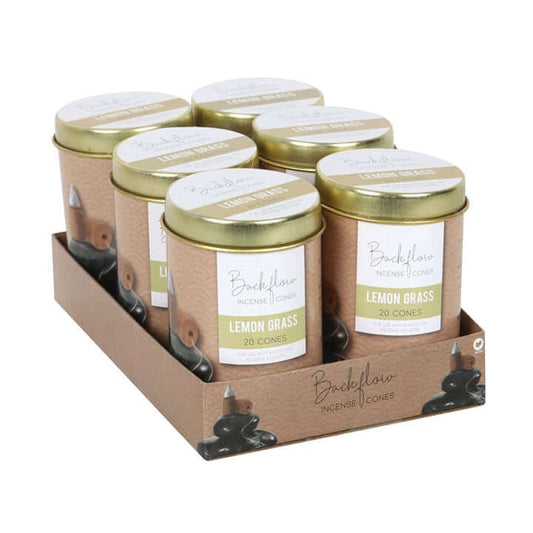 6 Tins of Elements Lemon Grass Jumbo Backflow Cones in a cardboard tray for home fragrance and impressive smoke displays.