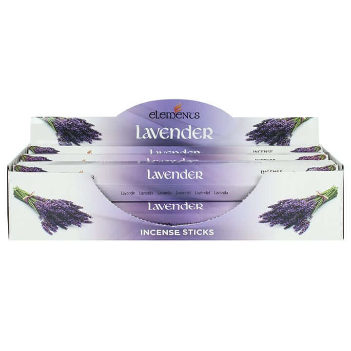 Box of lavender incense sticks with 'Elements' branding on a white background