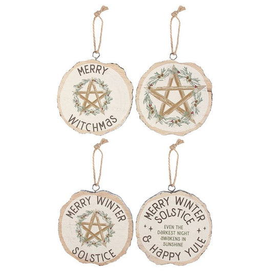 Set of 16 Winter Solstice Hanging Decorations – Pagan & Festive Wood Slice Signs-Sociodigi