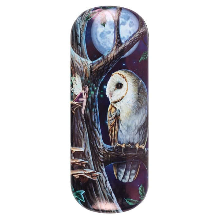Eyeglass case with an owl and fairy design on a white background