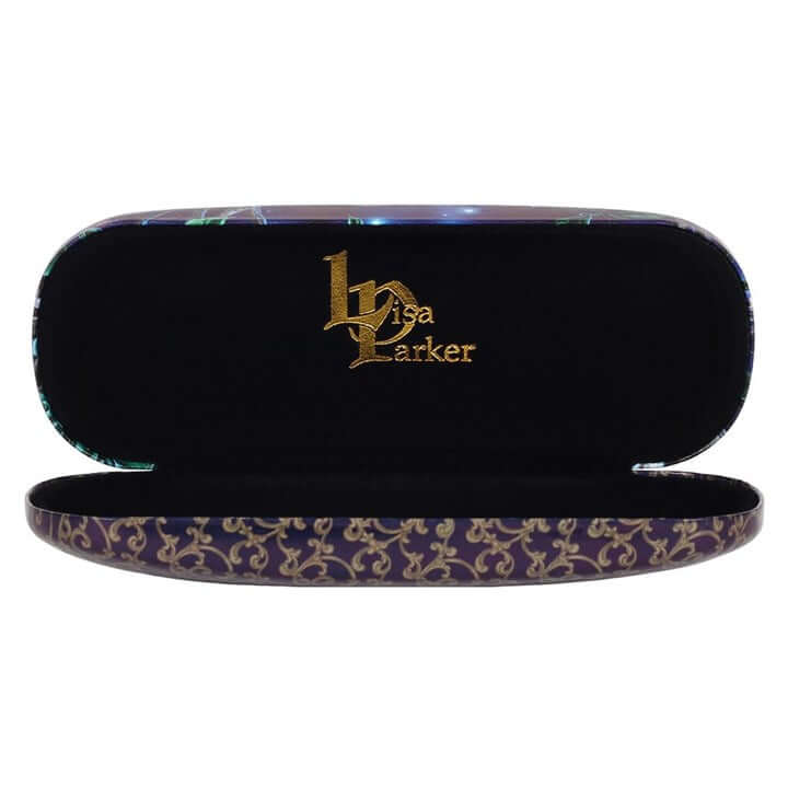 Lisa Parker eyewear case with floral design and gold logo on a white background