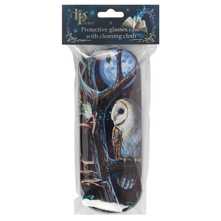 Packaged protective glasses case with cleaning cloth featuring an owl design, branded 'Liz Larker'.