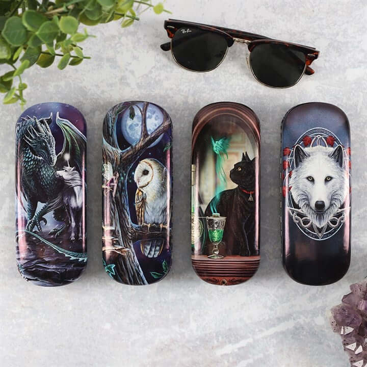 Five artistic eyeglass cases with different designs on a light background, accompanied by a pair of sunglasses.
