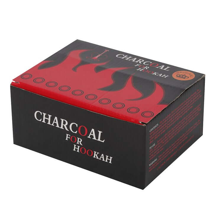 Box of charcoal for hookah with red and black design on a white background
