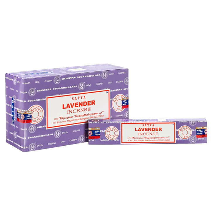 Set of 12 Lavender Incense Sticks by Satya in purple packaging, promoting relaxation and restful sleep.