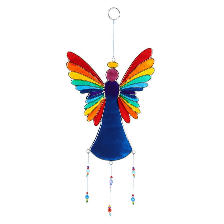 Colorful angel-shaped wind chime with rainbow wings on a white background