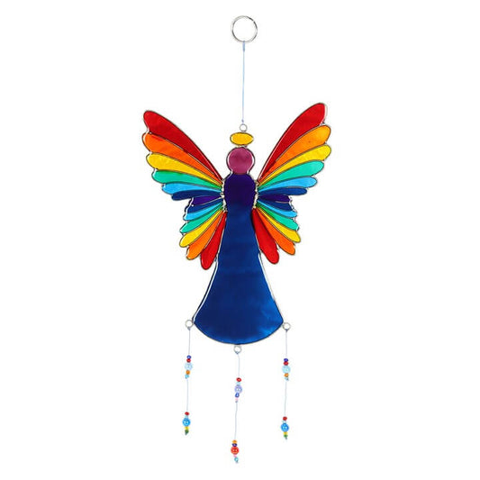 Colorful angel-shaped wind chime with rainbow wings on a white background