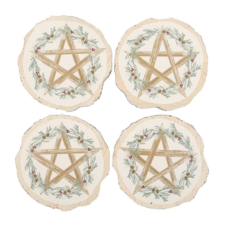 Winter Solstice Wood Slice Coaster Set – Rustic Pentagram Design (Set of 4)-Sociodigi