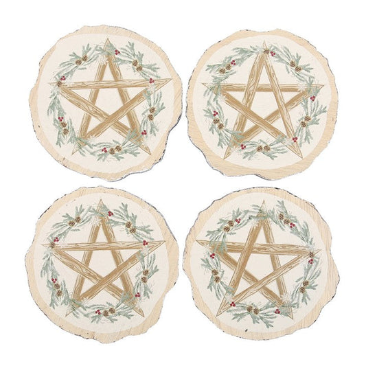 Winter Solstice Wood Slice Coaster Set – Rustic Pentagram Design (Set of 4)-Sociodigi