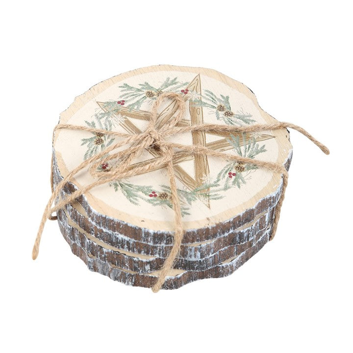 Winter Solstice Wood Slice Coaster Set – Rustic Pentagram Design (Set of 4)-Sociodigi