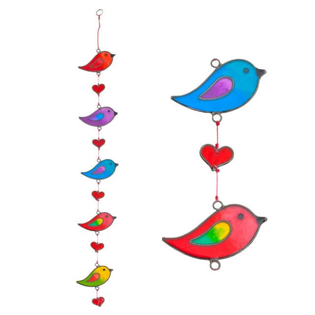 Colorful bird-shaped hanging ornament with hearts on a white background