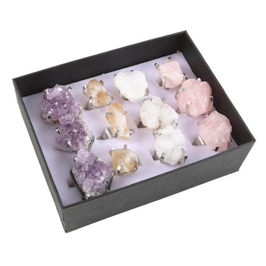 Set of 12 Assorted Crystal Rings – Amethyst, Citrine, White Quartz & Rose Quartz on Adjustable Bands-Sociodigi