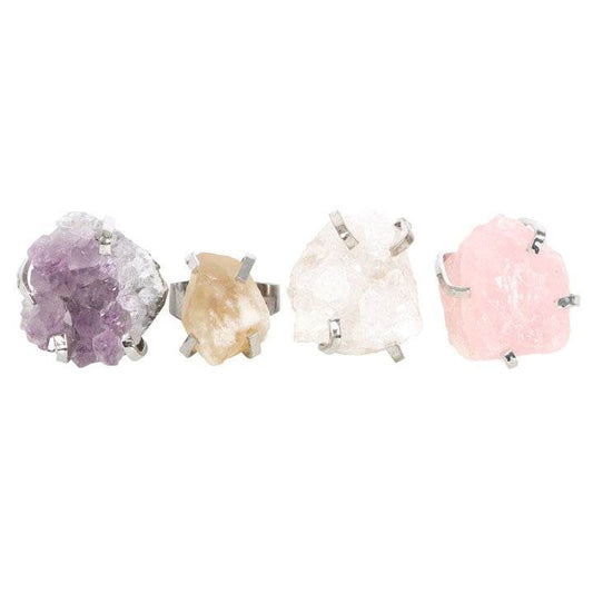 Set of 12 Assorted Crystal Rings – Amethyst, Citrine, White Quartz & Rose Quartz on Adjustable Bands-Sociodigi