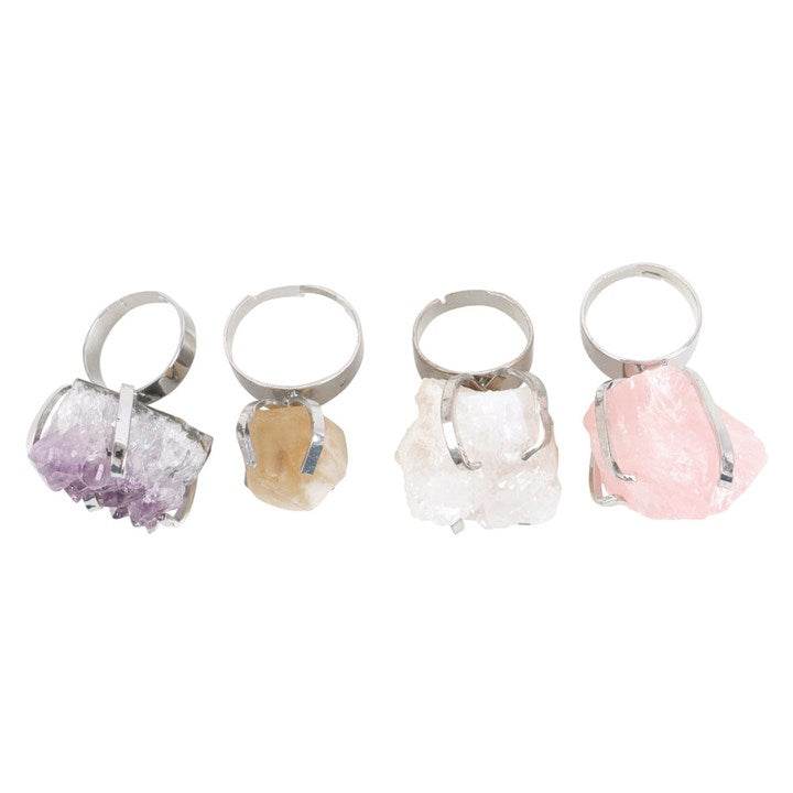 Set of 12 Assorted Crystal Rings – Amethyst, Citrine, White Quartz & Rose Quartz on Adjustable Bands-Sociodigi