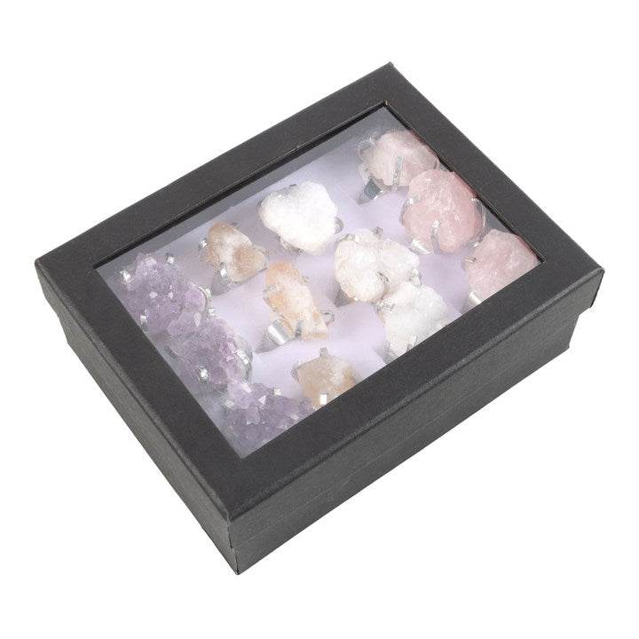 Set of 12 Assorted Crystal Rings – Amethyst, Citrine, White Quartz & Rose Quartz on Adjustable Bands-Sociodigi