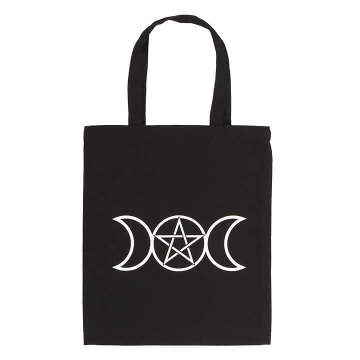 Black tote bag with white pentagram and moon symbols on a white background