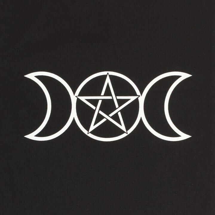 White pentagram symbol between three crescent moons on a black background