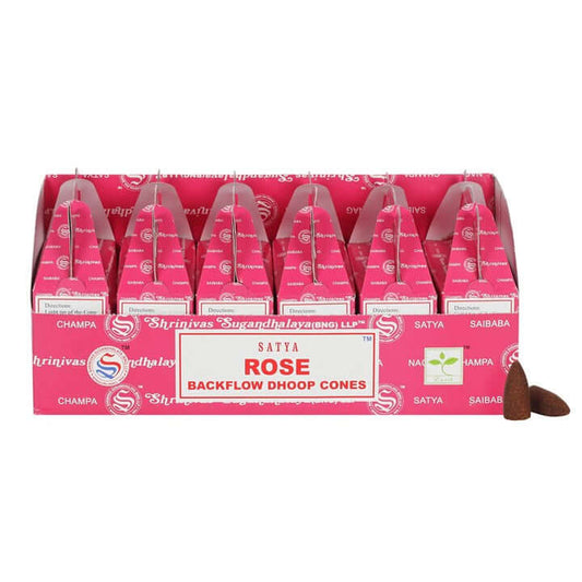 Box of Satya Rose Backflow Dhoop Cones on a white background