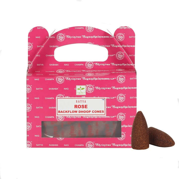 Pink packaging of Satya Rose Backflow Dhoop Cones with two cones on a white background