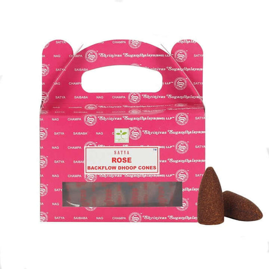 Pink packaging of Satya Rose Backflow Dhoop Cones with two cones on a white background