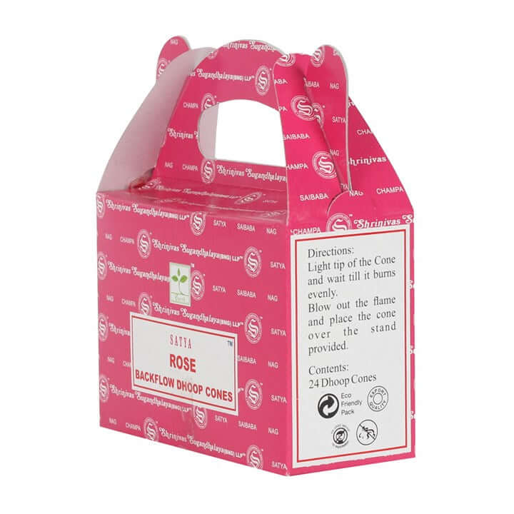 Pink box of Shrinivas Little Rose Backflow Dhoop Cones on a white background