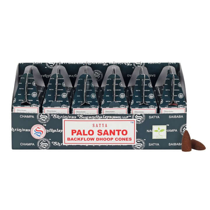 Box of Satya Palo Santo backflow incense cones on a white background