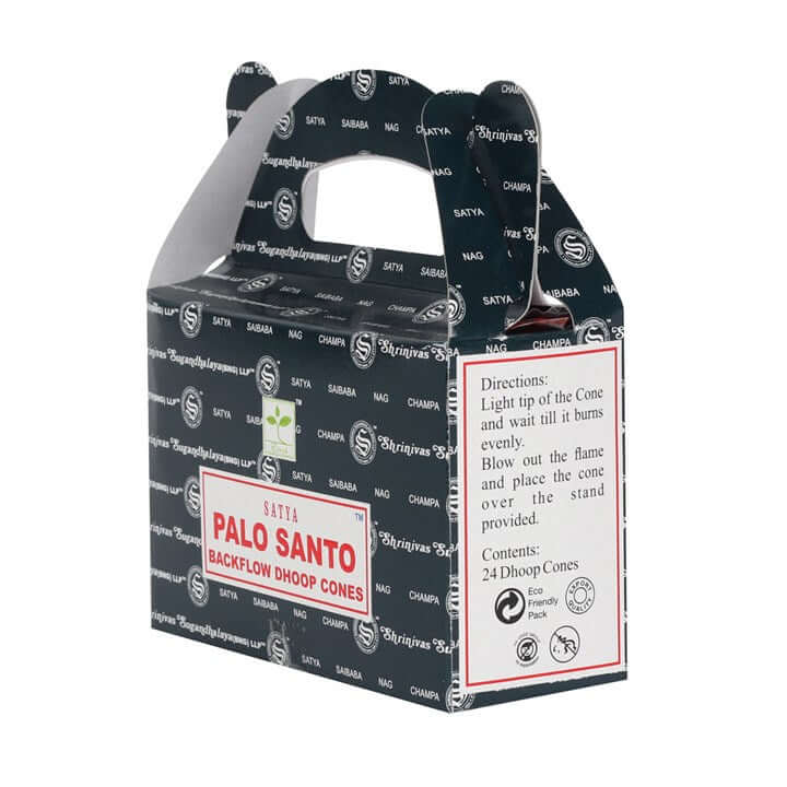 Box of Satura Palo Santo Backflow Dhoop Cones with branding on a white background