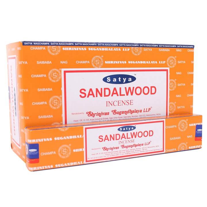 Set of 12 Satya Sandalwood Incense sticks in decorative box, handmade in India, vegan-friendly.