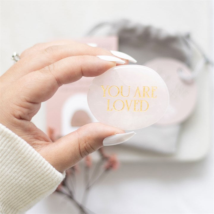 You Are Loved Rose Quartz Crystal Palm Stone N/A