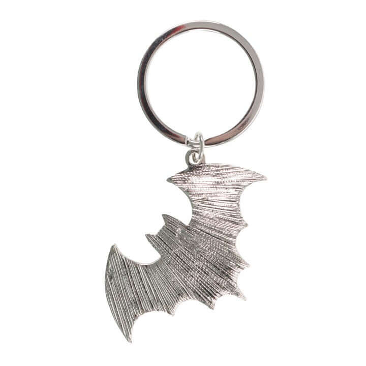 Silver bat-shaped keychain on a white background