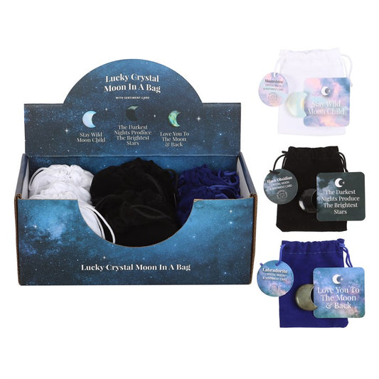 Set of 24 Lucky Crystal Moons – Crescent-Shaped Labradorite, Moonstone & Black Obsidian with Velvet Bags-Sociodigi