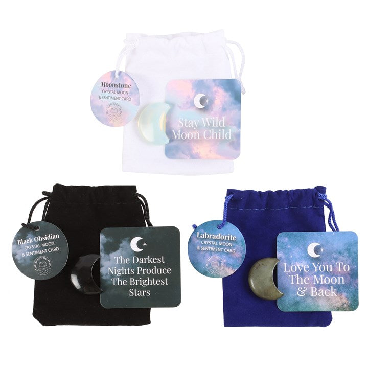 Set of 24 Lucky Crystal Moons – Crescent-Shaped Labradorite, Moonstone & Black Obsidian with Velvet Bags-Sociodigi