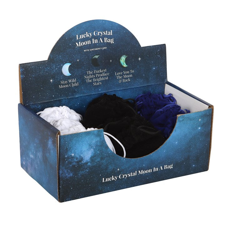 Set of 24 Lucky Crystal Moons – Crescent-Shaped Labradorite, Moonstone & Black Obsidian with Velvet Bags-Sociodigi