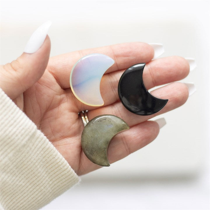 Set of 24 Lucky Crystal Moons – Crescent-Shaped Labradorite, Moonstone & Black Obsidian with Velvet Bags-Sociodigi