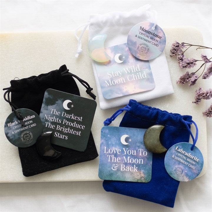 Set of 24 Lucky Crystal Moons – Crescent-Shaped Labradorite, Moonstone & Black Obsidian with Velvet Bags-Sociodigi