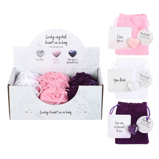 Set of 24 Lucky Crystal Hearts – Amethyst, Clear Quartz & Rose Quartz with Velvet Bags-Sociodigi