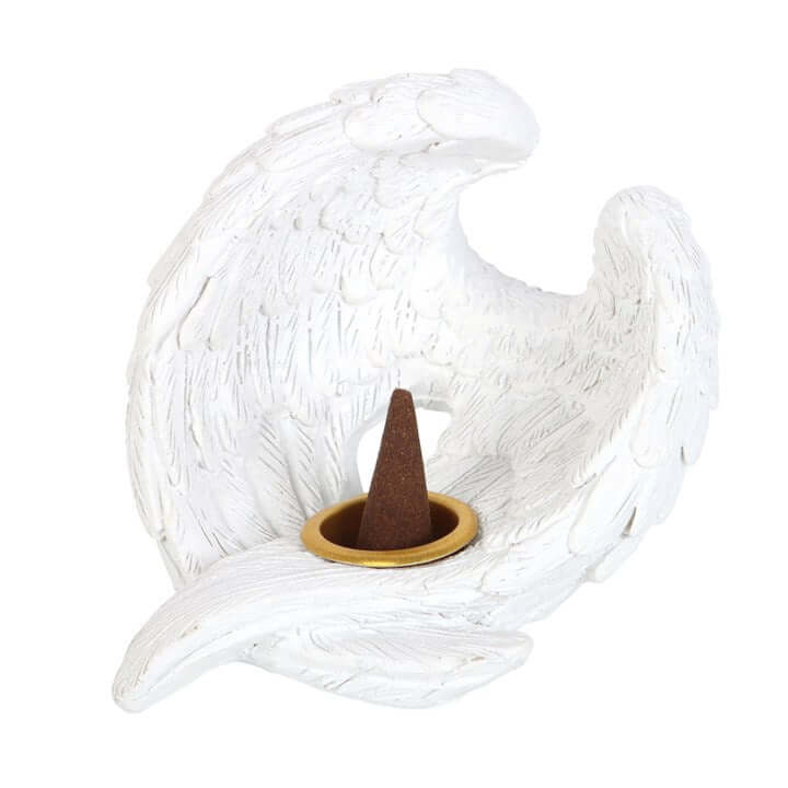 Angel Wing Resin Incense Cone Burner displaying a brown incense cone, symbolizing serenity and positivity.