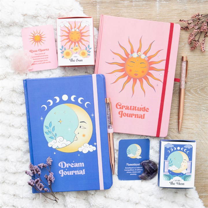 The Sun Gratitude Journal with Rose Quartz Crystal Pen – Mindful Reflection Set-Sociodigi