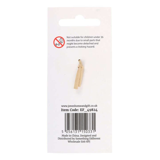 Wooden peg on a white card with product details and safety warning.