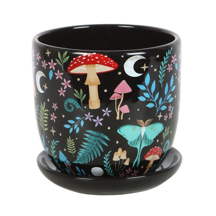Dark Forest Print Ceramic Plant Pot with Saucer N/A