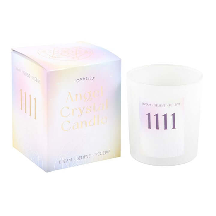 Crystal Chip Candle with opalite, featuring angel number 1111 for intuition and positive energy.