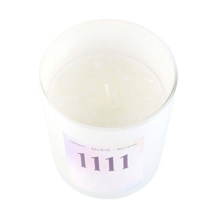 Crystal Chip Candle featuring '1111' design, promoting positive energy and intuition with lavender fragrance.