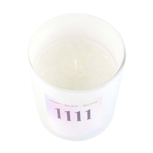 Crystal Chip Candle featuring '1111' design, promoting positive energy and intuition with lavender fragrance.