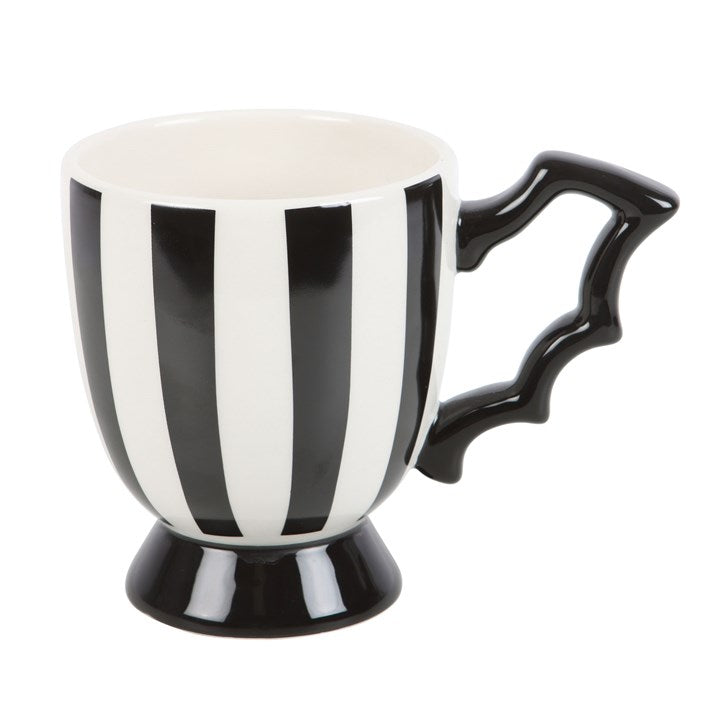 Striped Bat Wing Teacup – Monochrome Gothic Tea Cup with Wing Handle (490ml)-Sociodigi