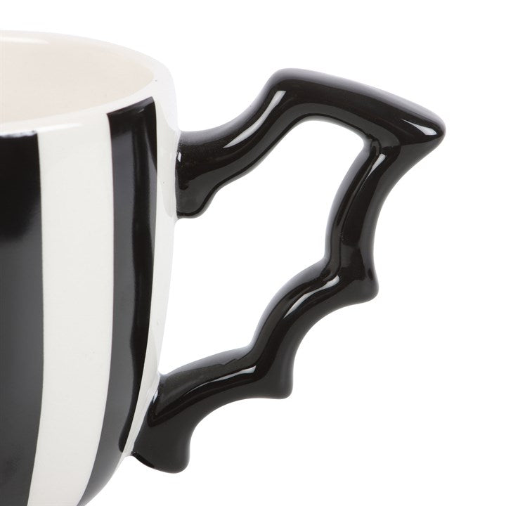 Striped Bat Wing Teacup – Monochrome Gothic Tea Cup with Wing Handle (490ml)-Sociodigi