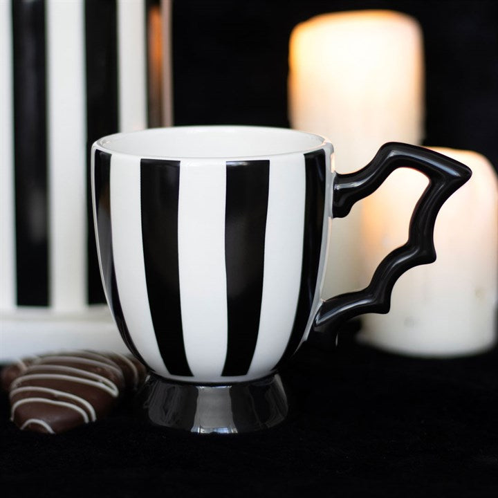 Striped Bat Wing Teacup – Monochrome Gothic Tea Cup with Wing Handle (490ml)-Sociodigi