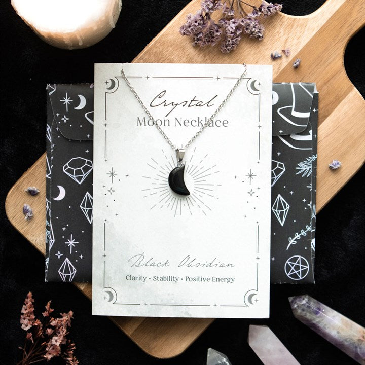 Black Obsidian Crystal Moon Necklace on Greeting Card N/A