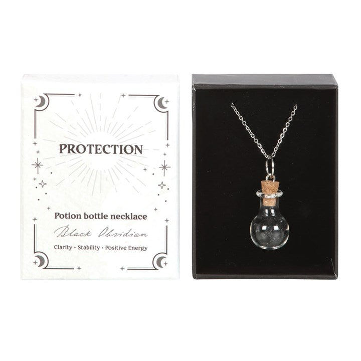 Protection Black Obsidian Crystal Chip Potion Bottle Necklace in Gift Box-Sociodigi