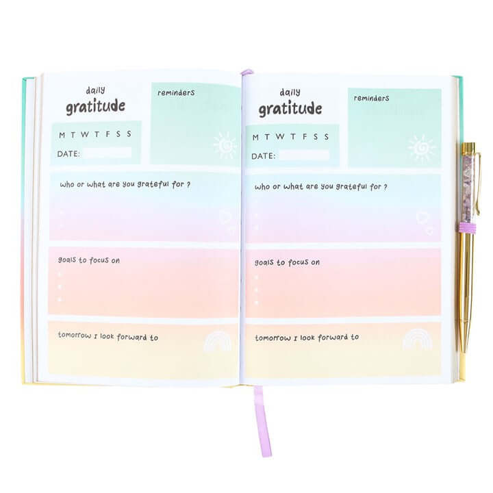 Notebook with gratitude and reminders sections on a white background
