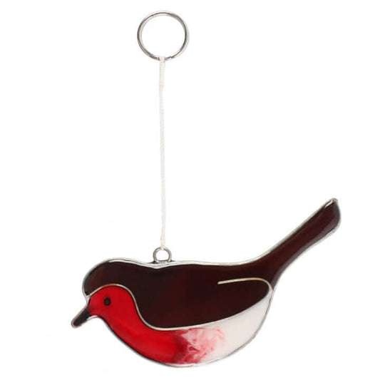 Stained glass robin decoration on a white background